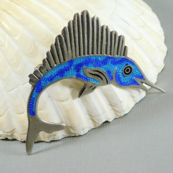 Sterling Enamel Swordfish Brooch, Unique Sterling… - image 9