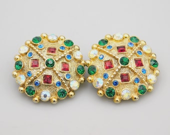 Vintage Rhinestone Earrings, Multicolor Clip On