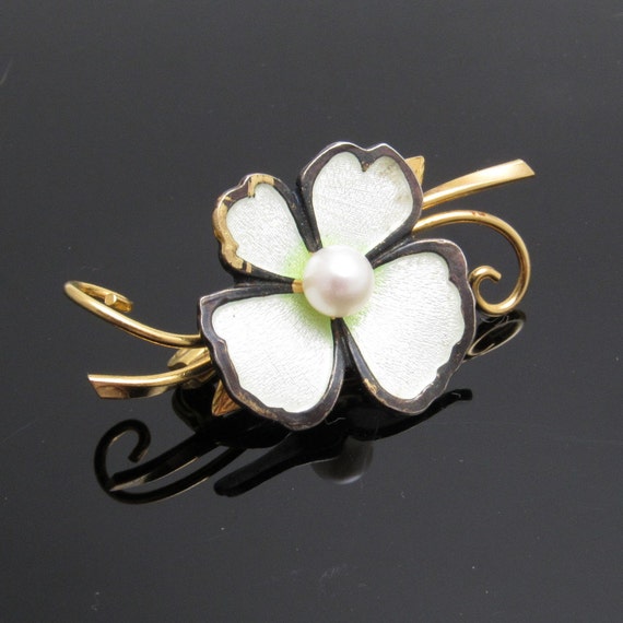Sterling Pearl Flower Brooch White Enamel Gold Fi… - image 1