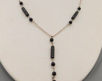 Vintage Sterling Necklace, Black Bead Necklace, Unusual Necklace, Long Pendant, Chain Necklace