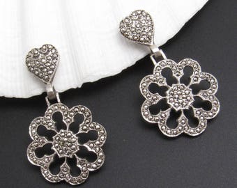 Sterling marcassite coeur boucles d’oreilles, bijoux coeur, boucles d’oreilles fleur, pendantes Sterling boucles d’oreilles, bijoux fleur marcassite