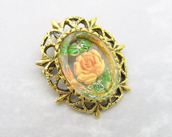 Vintage Rose Brooch, Rose Pendant, Fleur de Lis Brooch, Reverse Painted Glass