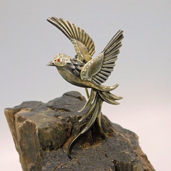 Vintage Sterling Bird Brooch, Bird in Flight, Big… - image 1