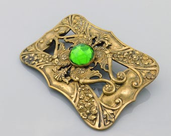 Antique Art Nouveau Brass Brooch: Green Glass Stone, Floral