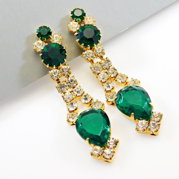 Long Vintage Green Rhinestone Earrings - image 1