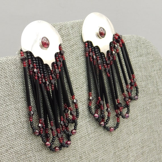 Vintage Long Sterling Red Beaded Earrings, Unique 