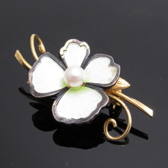 Sterling Pearl Flower Brooch White Enamel Gold Fi… - image 5