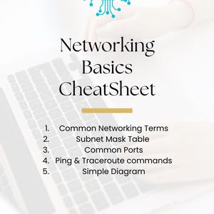 May include: A white graphic with the title "Networking Basics CheatSheet" and a blue circuit board icon. The text lists networking terms, subnet mask table, common ports, ping & traceroute commands, and a simple diagram.