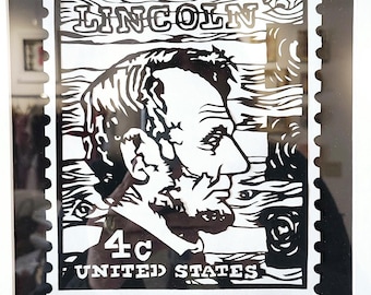 Lincoln Stamp Silhouette by David Jenkins DBJ3849 framed original paper cutting art