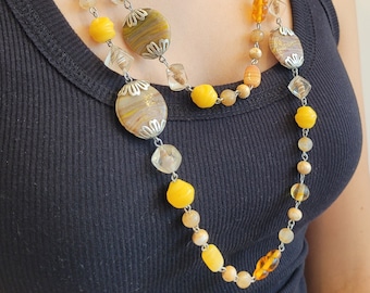 Sunny Yellow Beaded 60's Necklace Striped stones, molded glass & faux pearls