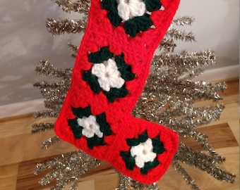 Sweet Hand Crocheted Granny Square Stocking, Christmas, Holiday