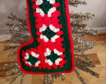 Sweet Hand Crocheted Granny Square Stocking, Christmas, Holiday