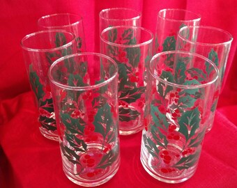 Vintage Holley Drinking Glasses, Set of 8, Christmas, Holiday