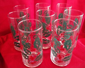 Vintage Holley Drinking Glasses, Set of 8, Christmas, Holiday