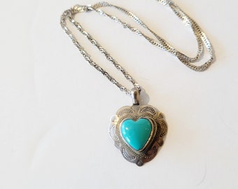 Vintage Heart Shaped Turquoise Sterling Necklace 242F