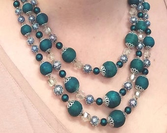 Terrific Teal Triple Strand Vintage Sixties necklace