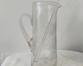 Figures and Floral Vintage Glass Cocktail Pitcher with Muddler TWSBW-51