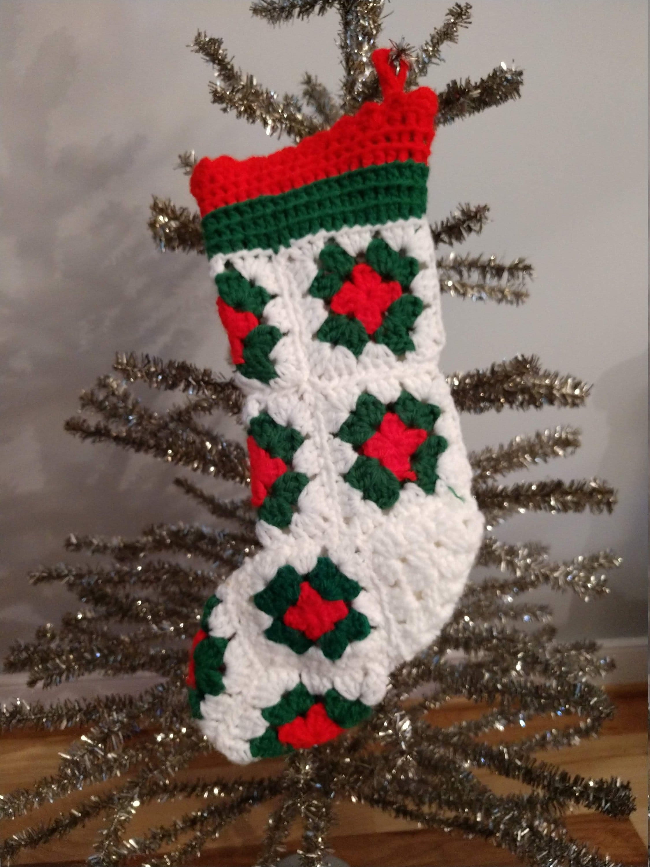 Sweet Hand Crocheted Granny Square Stocking, Christmas, Holiday