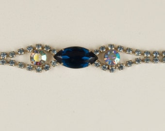 SALE WAS 28 Awesome Rhinestone Bracelet with Sapphire Blue Marquis Center Piece