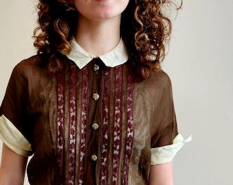 Sheer MidCentury Brown Ribbon Cotton Shirt Waist DB2