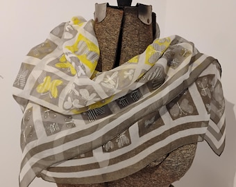 Silk Vera Butterfly motif grey and yellow square scarf