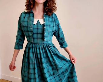 Cotton Teal Plaid Jacket and Dress Set DB2