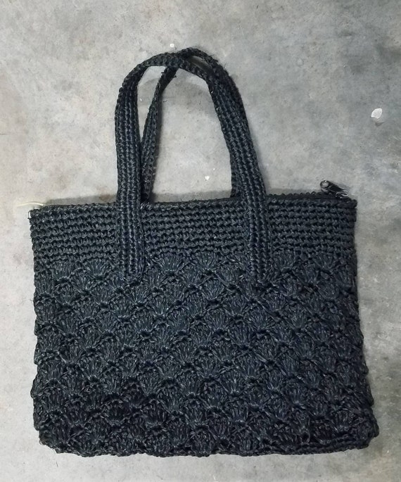 Beautiful black raffia handbag with zipper enclos… - image 2