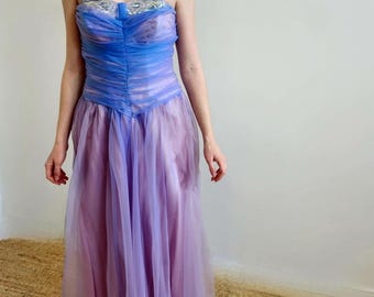 Ethereal blue over lilac strapless bejeweled long dress DB2