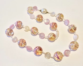 Galatic Garden - pink mid century hand splatter painted beaded necklace 242321C