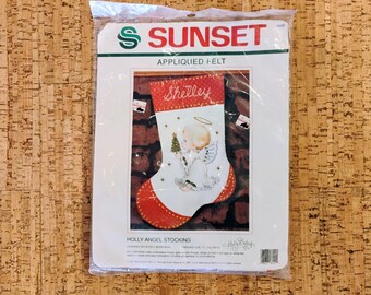 New Old Stock Sunset Appliqued Felt Holly Angel Stocking XMAS-10