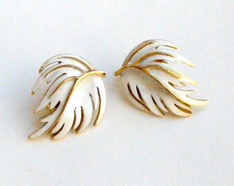 Trifari White Leaf clip on Earrings