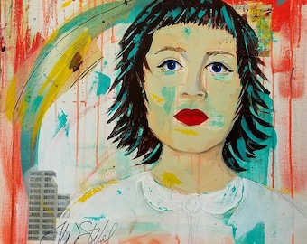 Waiting - 24x24 inch modern art, contemporary mixed media portrait by Theresa Wells Stifel