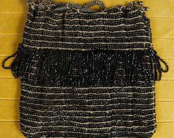 SALE WAS 120 Marvelous Black Beaded Antique Pouch with Chain Drawstring