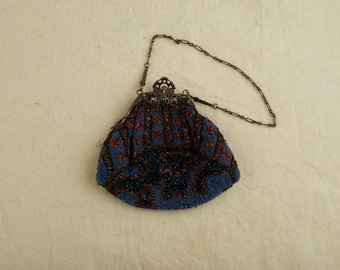 Antique Beaded Bag With Ornate Art Nouveau Frame and Chain rsb