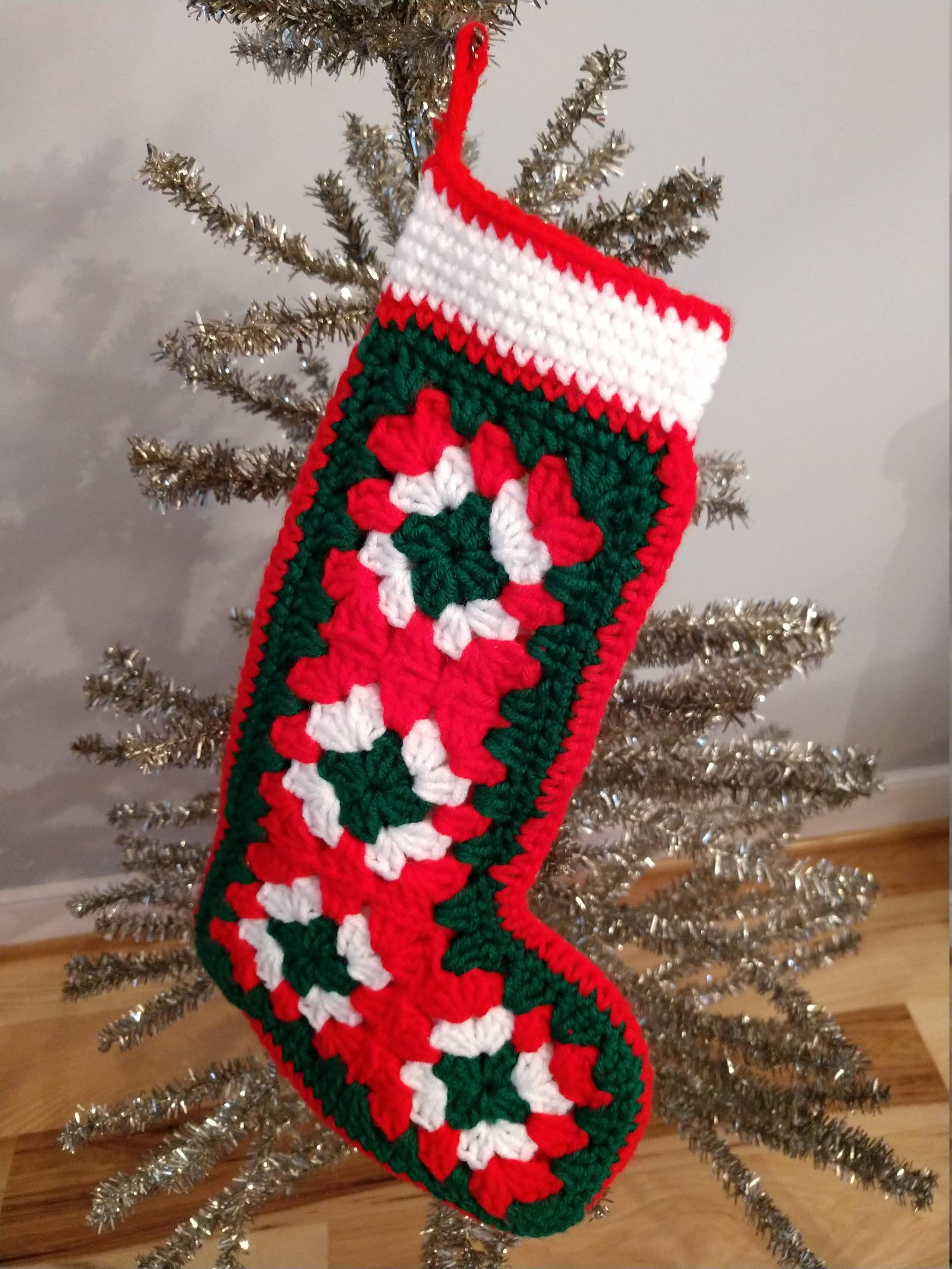 Sweet Hand Crocheted Granny Square Stocking, Christmas, Holiday