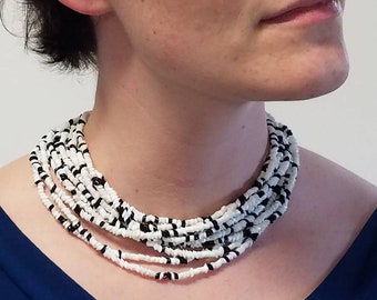 11 Strand Black & White Cut Glass Bead Necklace with Faux Opal Clasp