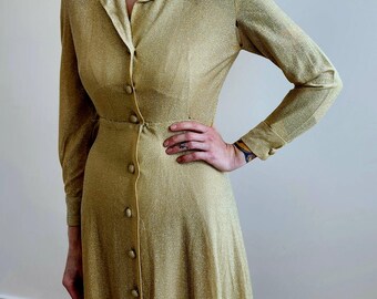 Lori Till Metallic gold knit maxi shirt waist dress DB2