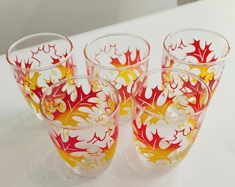 Set of Five Vintage Autumn Leaf Glass Tumblers TWSBW-26
