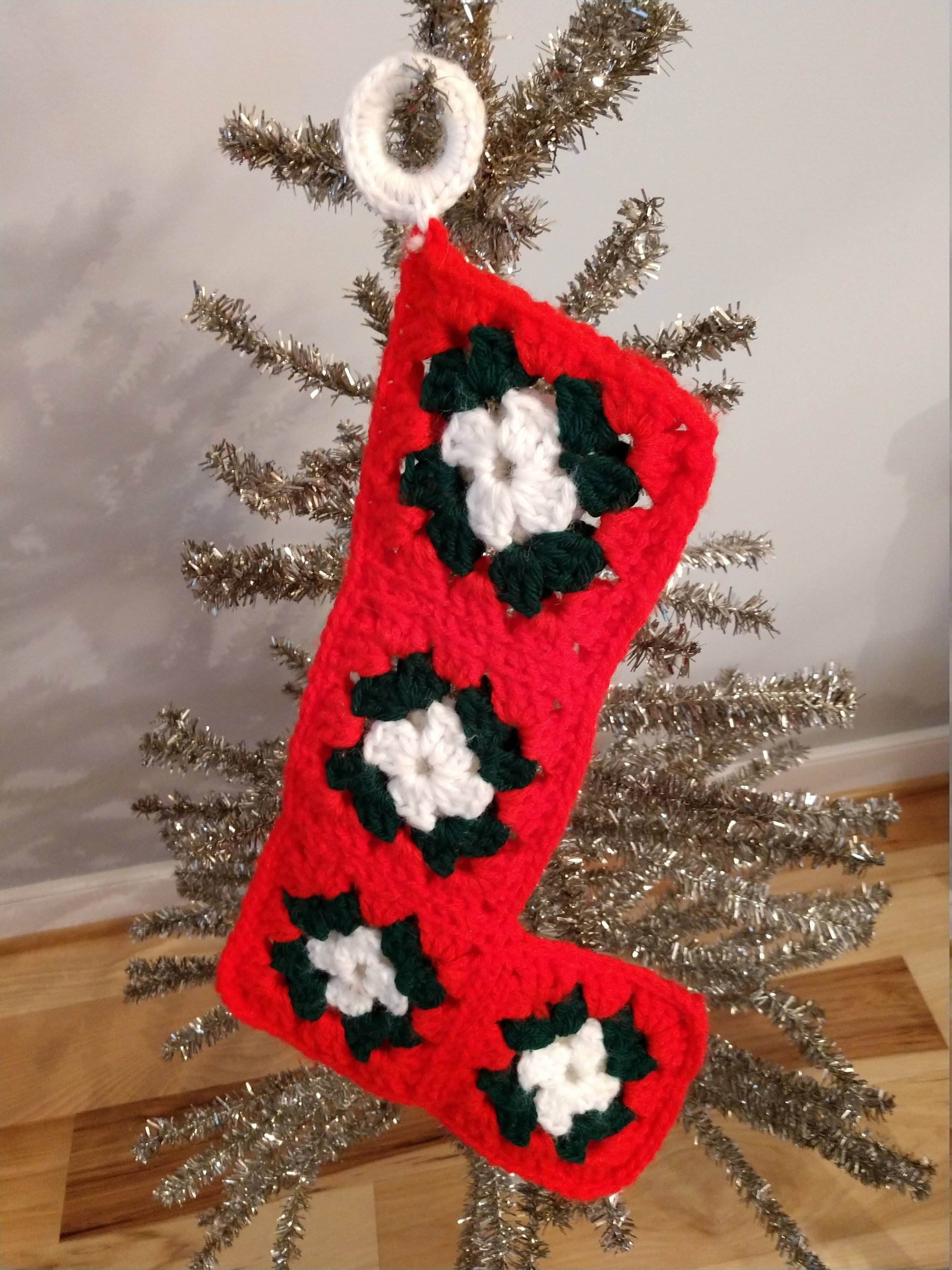 Sweet Hand Crocheted Granny Square Stocking, Christmas, Holiday