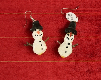 Hand Carved Snow Man Earrings by Bobby Joe Small bjs