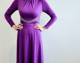 Plum Perfection Bejeweled Seventies Trimmed Slinky Maxi Dress DB2