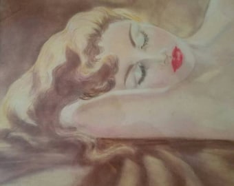 Lovely classic mid-century nude- Reclining Woman Watercolor framed boudoir art