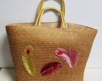 Rafffia embroidered feather detailed lined vintage tote