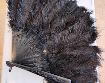 Pristine Black Ostrich Feather Victorian Hand Fan