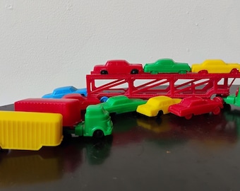 Vintage Plastic Toy Truck Carrier with 8 Cars and Tractor Trailer with 2 Trailers