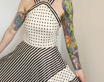 Black & White striped and polka dotted apron top maxi dress DB2