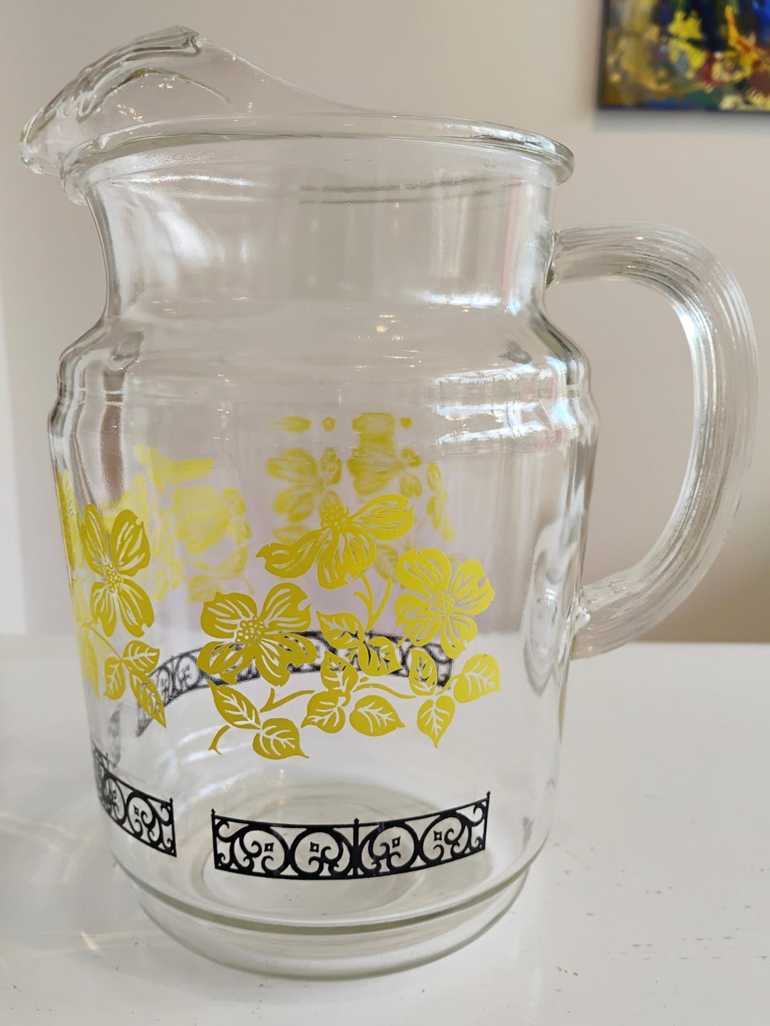 Vintage Black Yellow Flower Glass Pitcher TWSBW-18 - Etsy