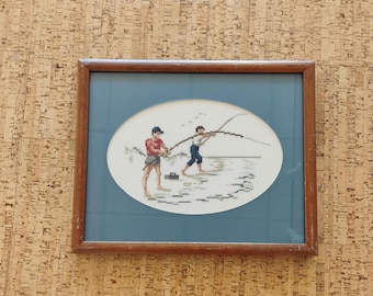 Gone Fishing Framed Vintage Cross Stitch
