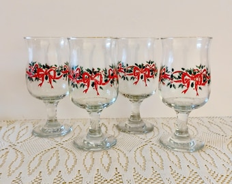 4 Set Vintage Libbey Holly and Bow Goblets XMAS-9