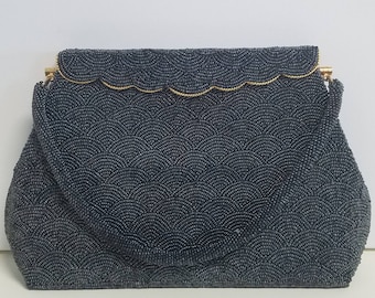 Glamorous frosty gunmental beaded evening bag with beautiful scalloped top